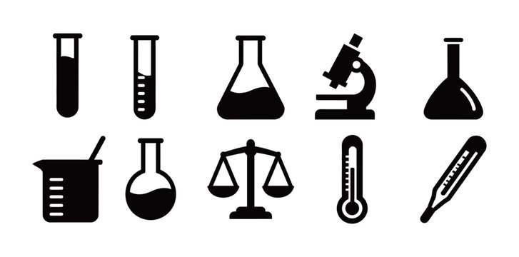 Set of various science laboratory equipment silhouettes, including test tubes, beakers, and a microscope. Black and white vector icons isolated on a white background.
