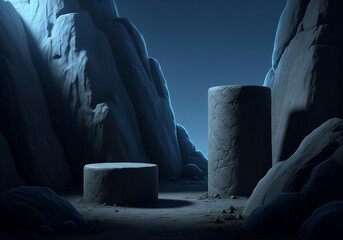 Cold rocky valley illuminated by moonlight with tall podiums creating mysterious display environment