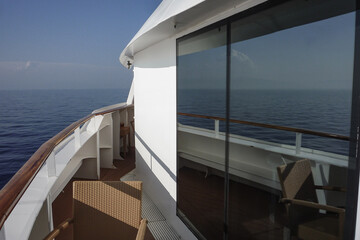 Fototapeta premium Panoramic ocean views from outdoor deck balcony terrace patio of luxury cruiseship cruise ship liner