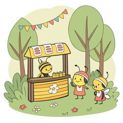Vector art of cute cartoon bees in a park with trees and flowers, two bees are buying honey from a bee in a stall, colorful flags are hanging in the trees, cartoon illustration