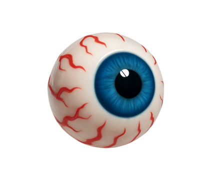 Realistic human eyeball with blue iris and red veins isolated on transparent background