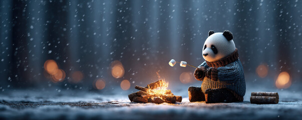 Christmas festival in a snowy wonderland panda roasting marshmallows by a cozy fire