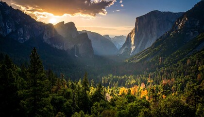 Majestic mountain vista at sunrise, showcasing a valley nestled between towering granite peaks, bathed in golden sunlight, with vibrant forests of evergreen and autumn foliage.