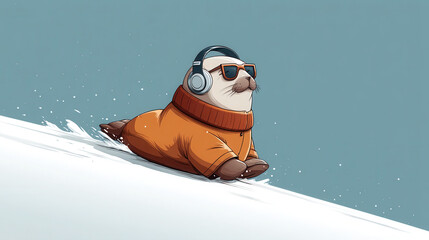 Christmas festival with a snowy seal on a cozy slope winter wonderland animated illustration playful environment
