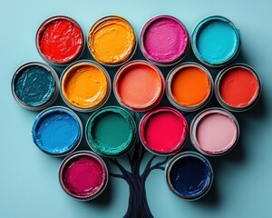 Colorful paint cans arranged in a tree shape on a light blue background