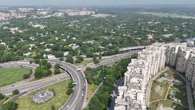 Aerial shot of the flyover with running traffic Near AIIMS New Delhi, India
