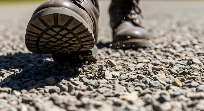 Close up of Boots Walking on Gravel Road