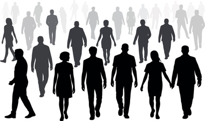 Diverse people walking crowd silhouettes group journey together community crowd vector