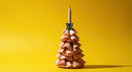 A pencil shavings Christmas tree, centered on a bright yellow background