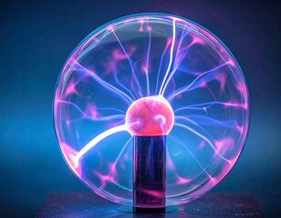 A captivating display of vibrant plasma energy within a glass sphere, showcasing an array of pink and blue light patterns.