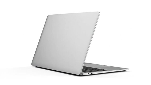 A modern, slim laptop with a silver metallic finish is showcased against a clean white background. This minimalist shot is ideal for concepts of business, technology, remote work, and digital communic
