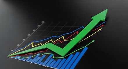 A dynamic illustration of upward trends, featuring a prominent green arrow and multiple colorful line graphs, highlighting the ascent of data points on a dark background.