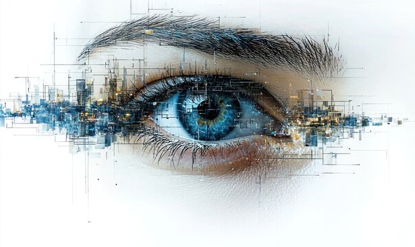 A stylized eye, blending human anatomy with digital elements