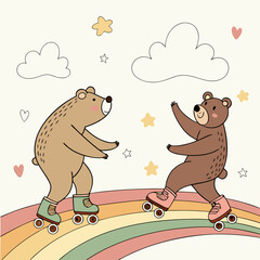 Vector art of two cute bears on roller skates are having fun on a rainbow road with stars and clouds this whimsical illustration is perfect for childrens designs