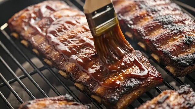 A mouthwatering close-up of a rack of pork ribs being basted with a rich barbecue sauce. The thick glaze is brushed onto the succulent, smoky meat as it sizzles on a hot grill, creating a perfect char