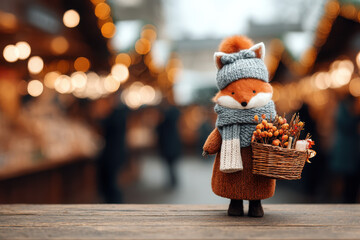 Charming christmas festival scene snowy market doll fox content magical environment warm viewpoint festive concept