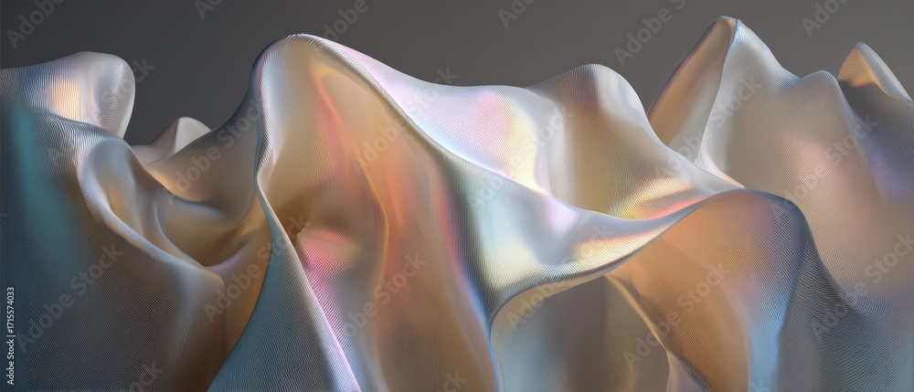 Poster a mesmerizing iridescent flowing surface with subtle hills and valleys reflects light in captivating