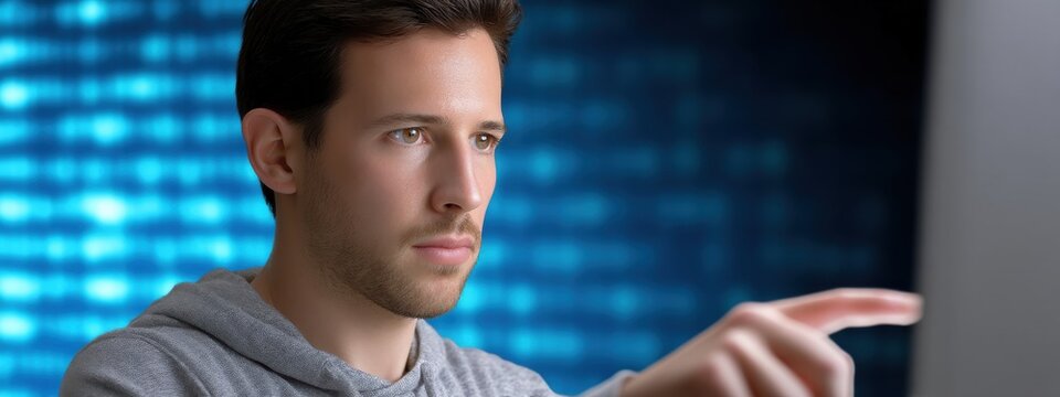 Focused Young Man Interacting with Technology in a Modern Setting