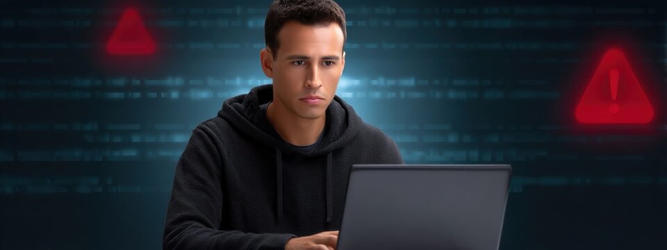 Young Man Using Laptop with Serious Expression in Digital Environment