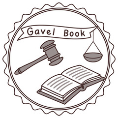 Vector art of gavel, book, and scales of justice in a circular frame, symbolizing legal knowledge, authority, and balance, a representation of the legal system