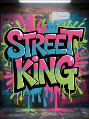 Street King graffiti art on brick wall vibrant colors and urban style for background or poster desig