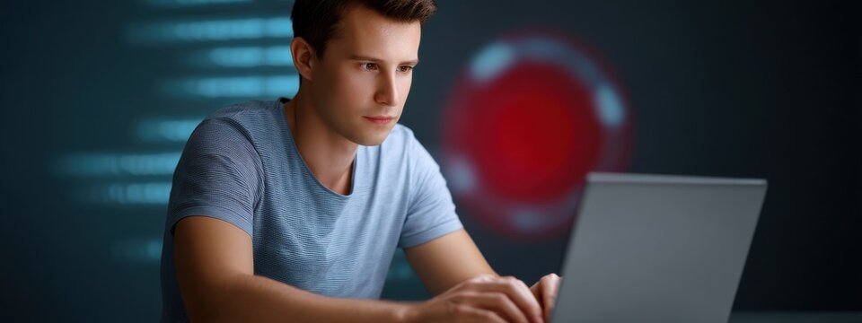 Focused young man working on laptop with digital interface background