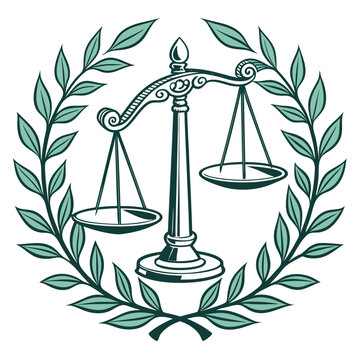 Vector art of scales of justice surrounded by a laurel wreath, symbolizing law, fairness, and legal proceedings, a timeless emblem of the judicial system
