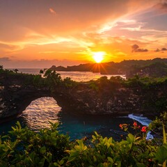 A dramatic sunset over a tranquil cove, with a rock archway framing the golden light.