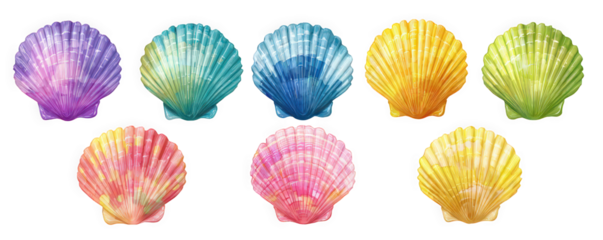 Colorful illustrated seashells in various shades and patterns.