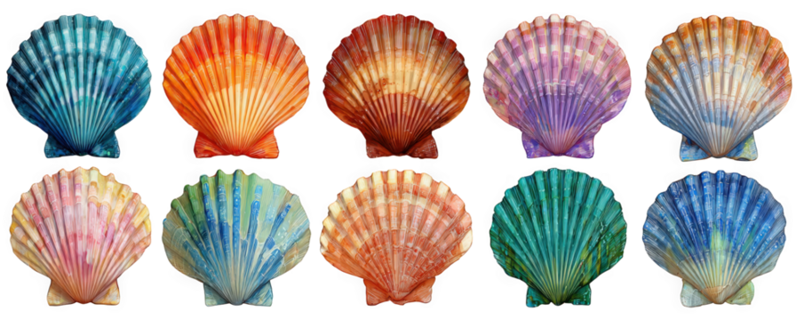 Colorful seashells arranged in a beautiful gradient display.