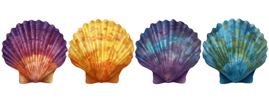 Colorful seashells in gradient shades of purple, orange, and blue.