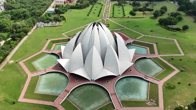 Aerial shot of Lotus Temple Bah&aacute;ʼ&iacute; House of Worship in New Delhi, India