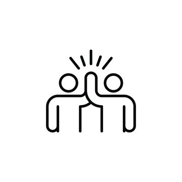 Two people give high five icon. Simple outline style. People together holding hands with their hands raised up, friendly greeting, teamwork concept. Thin line symbol. Isolated design.