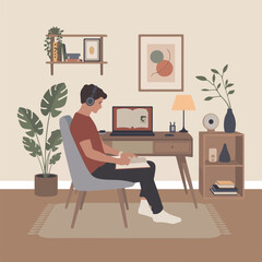 A student is studying at home with a laptop, books and plants