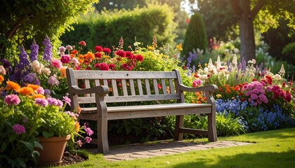Obraz premium A charming wooden park bench nestled amidst a vibrant garden bursting with colorful flowers and lush greenery.