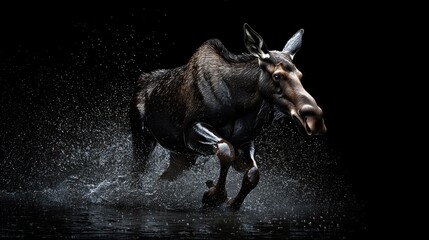 Obraz premium Moose Running Through Water at Night