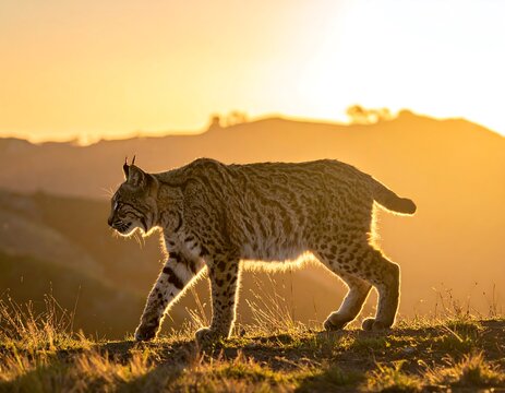 A magnificent bobcat gracefully strolls across a hillside bathed in the warm glow of a golden sunset.