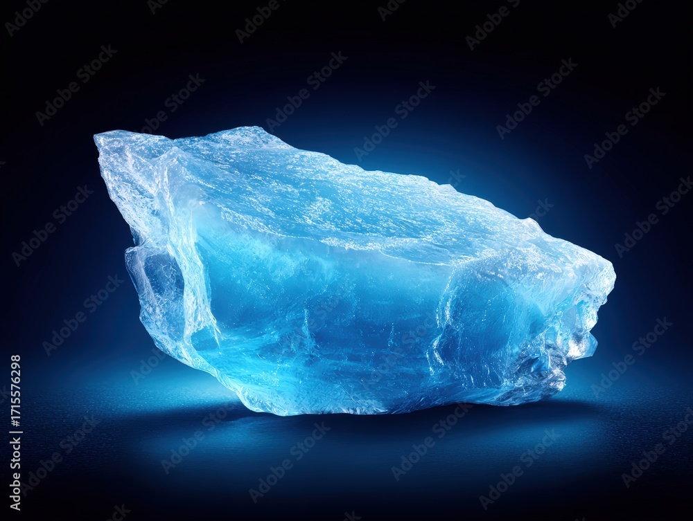 Poster a luminous block of translucent blue crystal glows intensely in the darkness, its edges catching lig