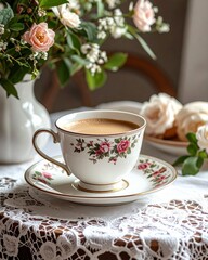 Fototapeta premium A beautifully set table with a floral teacup, saucer, fresh roses in a vase, and delicate pastries on a lace tablecloth, creating a serene and elegant scene.
