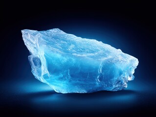 Fototapeta premium A luminous block of translucent blue crystal glows intensely in the darkness, its edges catching light and creating depth and dimension.