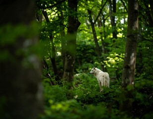 White wolf in a lush forest