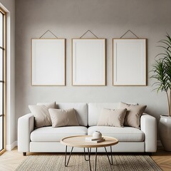 A light-filled living room boasts a neutral color palette, featuring three framed prints, a white sofa, a round wooden coffee table, and a potted plant.