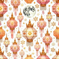 Seamless watercolor pattern with traditional Thai lanterns and full moon. Festive Yi Peng and Loy Krathong celebration design in warm pastel colors