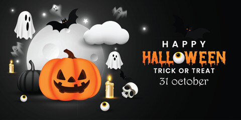Black color Halloween party celebration social media banner design vector with haunted elements. Halloween night scene with a pumpkin, bats, clouds, and a balloon. Black color Spooky night poster.