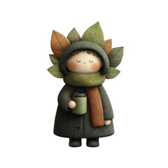 Whimsical stylized character with a cozy coat scarf and leaves on head holding a cup