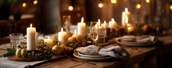 Fototapeta premium Christmas festival celebration snowy winter wonderland elegant table setting cozy indoor environment warm ambiance