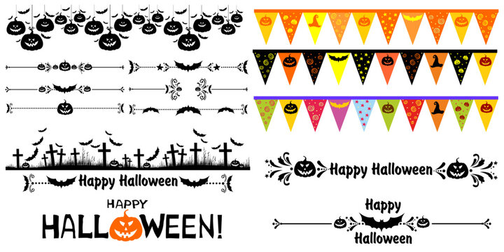 Happy Halloween! Collection of design elements isolated on White background. Flag Garland with Holiday Cute Characters. Collection of Halloween Themed Bunting. Vector Illustration