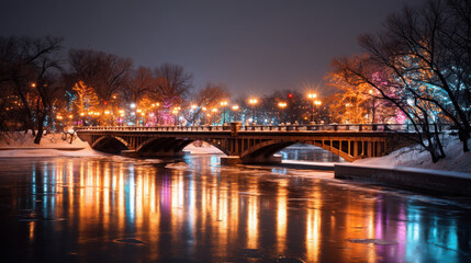 Fototapeta premium Winter festival celebrations with christmas lights on a snowy bridge at night cityscape reflection vibrant atmosphere