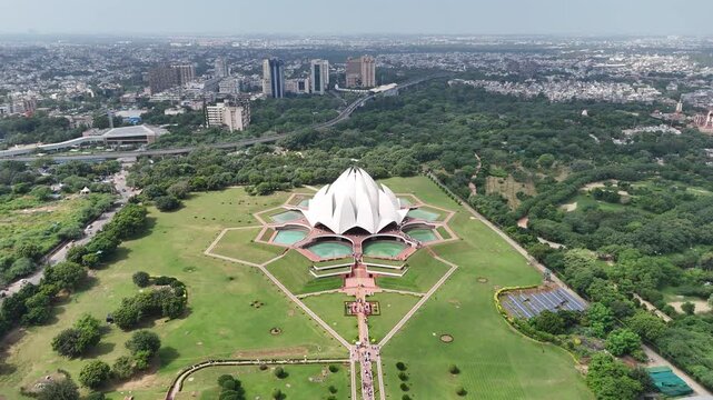 Aerial shot of Lotus Temple Bah&aacute;ʼ&iacute; House of Worship in New Delhi, India