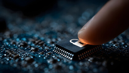 Cyber security, privacy and data storage protection. Document management system with password and encryption. Encrypted files on computer or server. Finger touching lock icon on electronic circuit